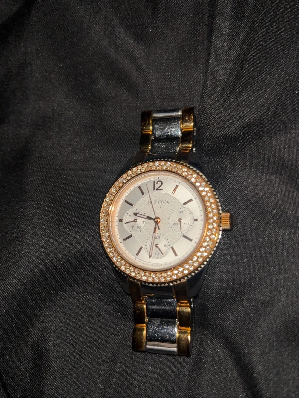 Bulova Two-Tone Crystal Bezel Watch in Rose Gold and silver crystals
